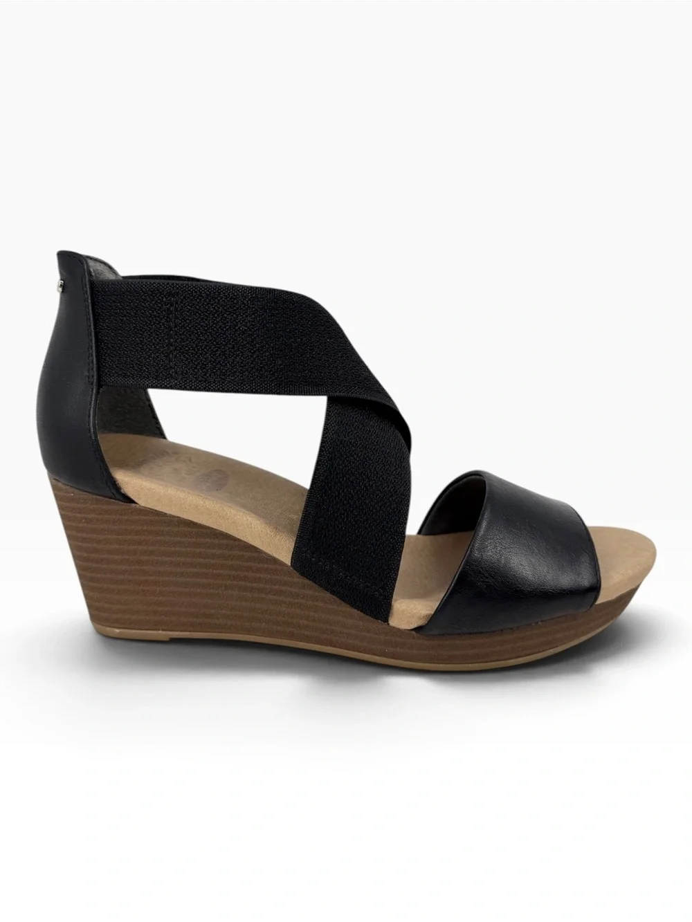 Dr. Scholls Barton-Band Wedge Sandals Black Faux Leather/Fabric Size 6M